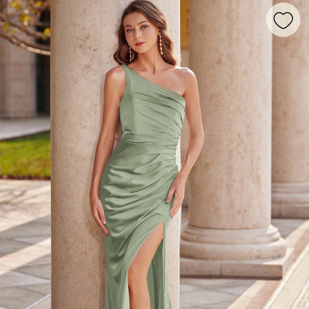 One-Shoulder Sweep Train Satin Prom Dress with Pleated Split
